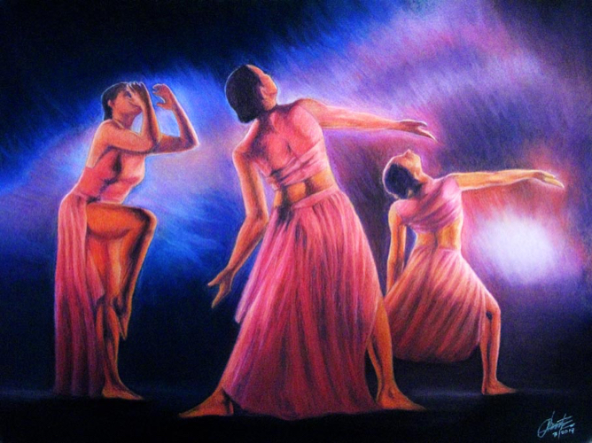 This is a pastel painting of a dance performance called With Abandon.